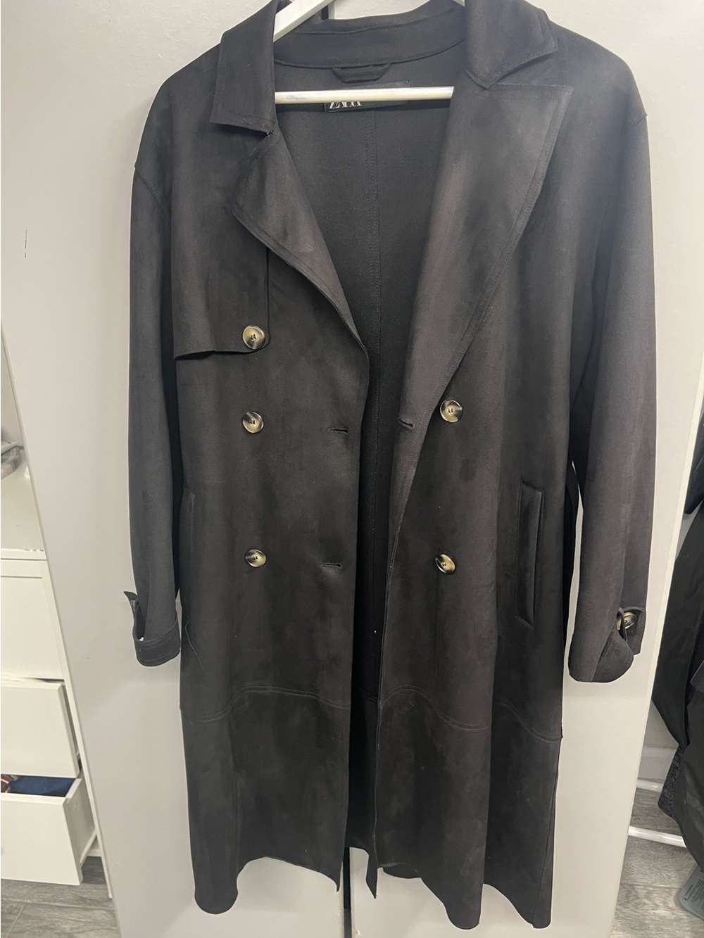 Zara Women’s Double-Breasted Black Trench Suede Coat